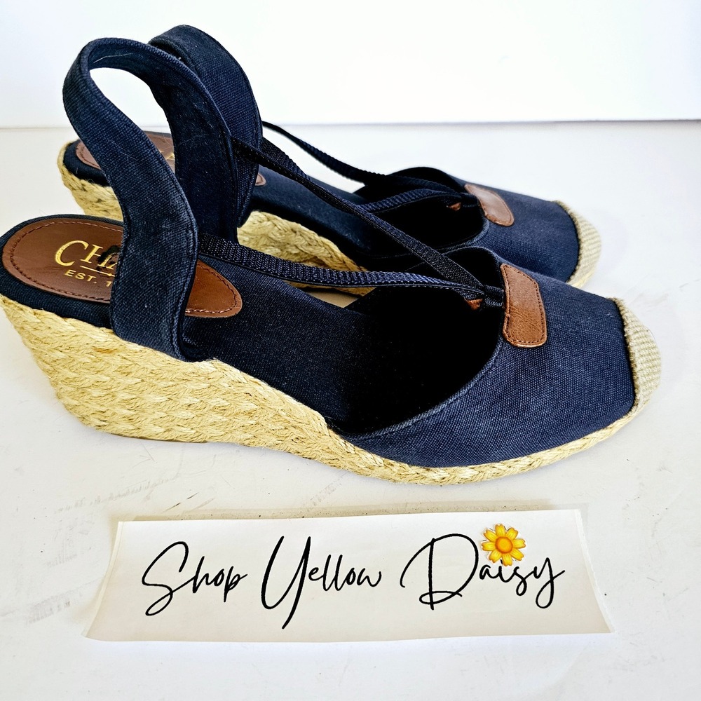 Chaps Clarisa Navy Blue Canvas Espadrille Wedge Sandals Elastic Strap Nautical 8